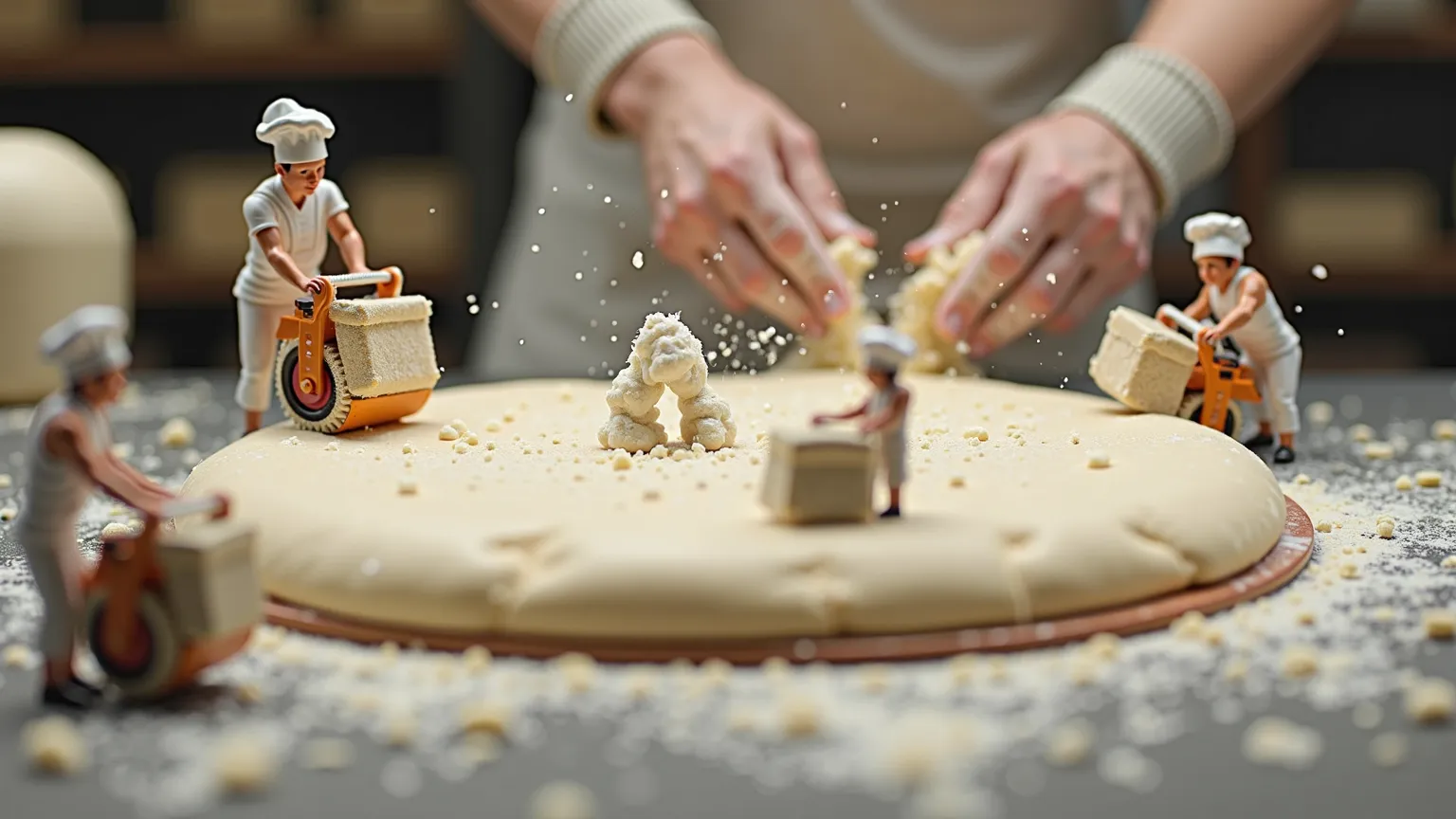 Macro hyper-realistic view of tiny chefs working together to prepare the perfect gourmet pizza dough. Miniature bakers lift large sacks of flour, while others pour water into a massive well of dough. Some chefs use steamrollers to flatten the dough, while ...