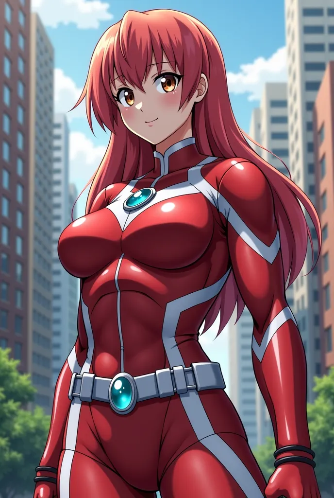 My Hero Academia Style , Anime girl, female, young female,muscular female,Full Body Shot,(fighting Pose:2),Long hair, Red Hair,  Brown Eyes,Hero Suit, Full Body Suit, red suit with white details,small round blue jewel in the center of the chest, perfect an...