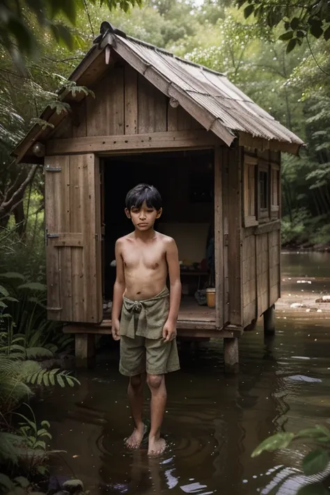 A young boy, around , lives alone in a dense, untamed forest. He has unkempt black hair, deep brown eyes, and wears a simple, tattered cloth wrapped around his waist. His bare feet are hardened from years of walking on rough terrain. He survives by foragin...