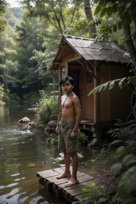 A young boy, around , lives alone in a dense, untamed forest. He has unkempt black hair, deep brown eyes, and wears a simple, tattered cloth wrapped around his waist. His bare feet are hardened from years of walking on rough terrain. He survives by foragin...