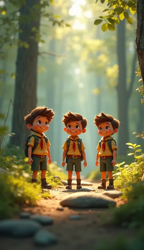 animated scouts, boy scouts en una escena animada, characters is en un entorno natural, dibujos animados de campers in the woods,  illustration de grupo de niños explorando el exteriorescena animada, boy scouts, characters is, campers in the woods,  illust...