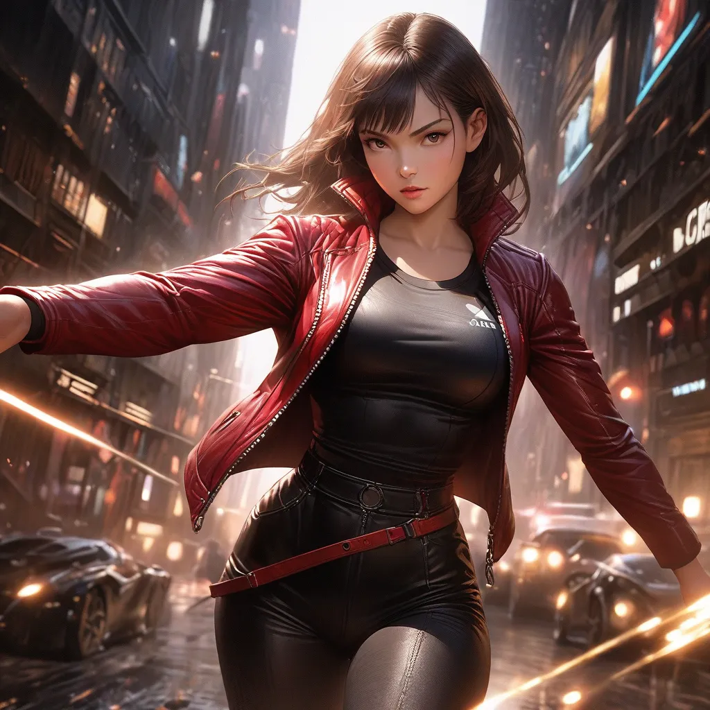 Realistic anime woman, 25 years old, athletic and strong build, Berry in her agent outfit, wearing a red leather jacket, black top, tight red leather pants, black knee-high boots, detailed waist and body shape, confident and powerful pose, full body shot, ...