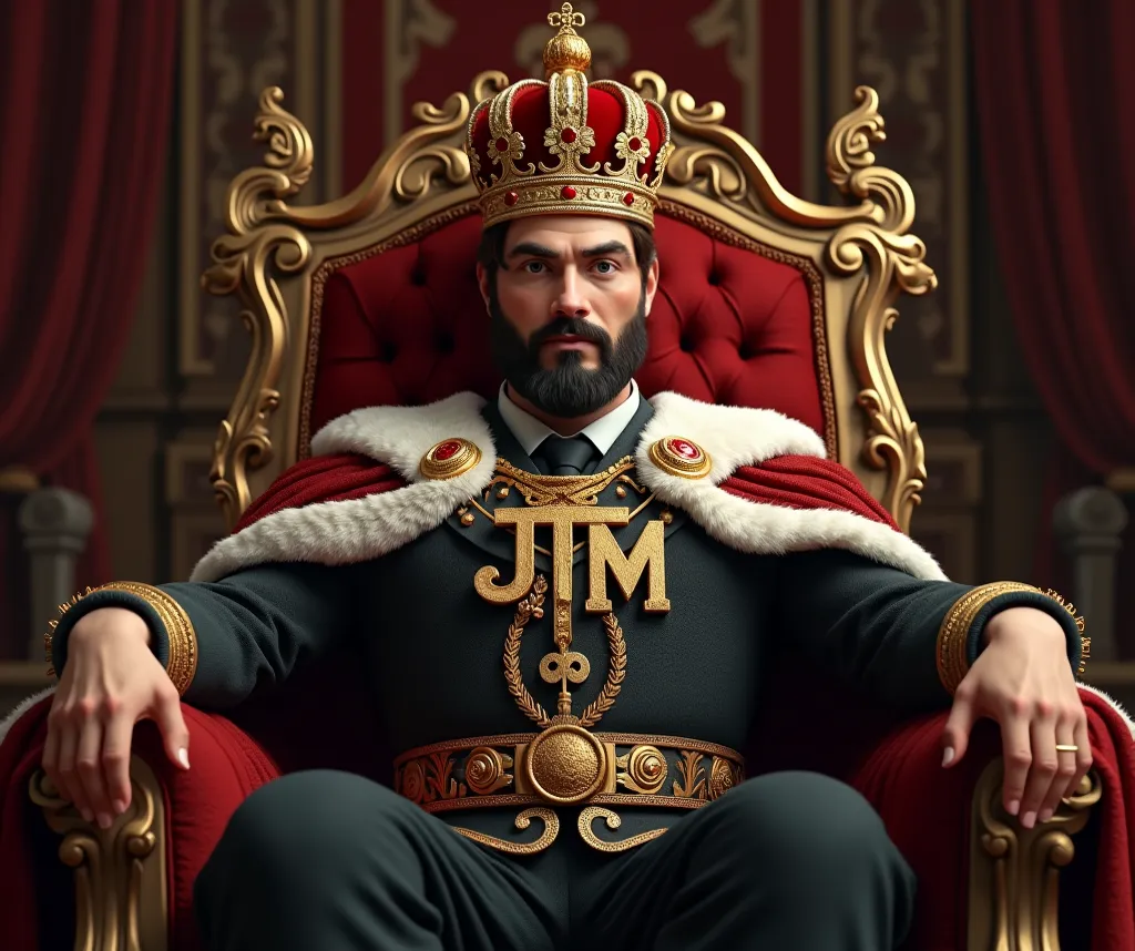 Make this man wearing a crown that has the initials J . M engraved on the front of it and sitting on a throne while 