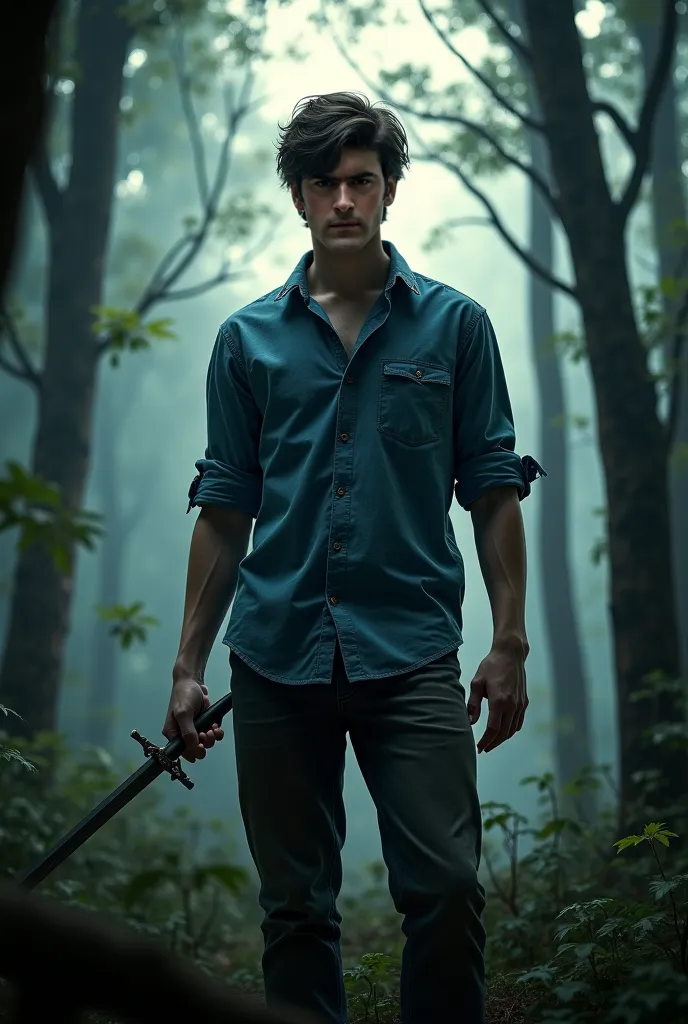 Create a realistic image of a 19-year-old young man, Messy black hair, blue dress shirt, holding a sword in a dark forest