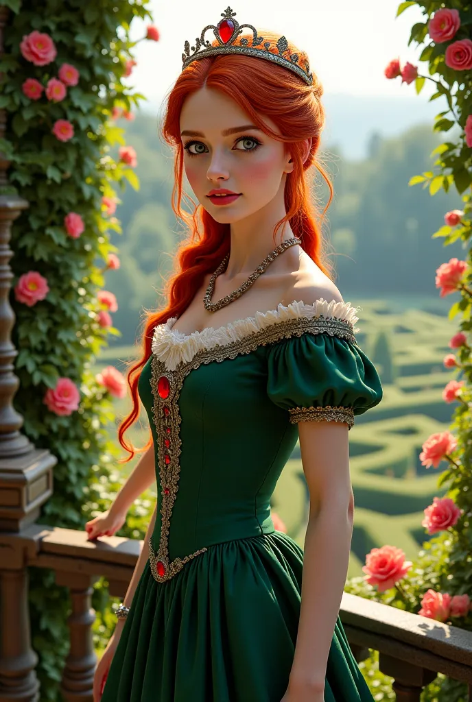 Beautiful young woman with red hair and light eyes wearing a green dress from 1700 on a balcony filled with ivy and flowers. Maze below. Small crown on her head, over her forehead. Red stone

