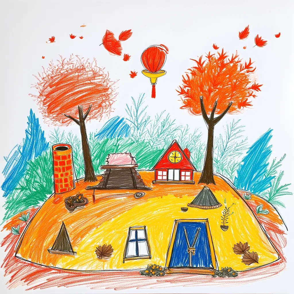  ren drawing ,  colored, hand drawing, artistic landscape, cena, hill, house at the top, Casa Menor, Declive, ,  sky, houses, vibrant atmosphere, trees,  depth , detail, general composition, person, picturesque setting,  view, daily activities