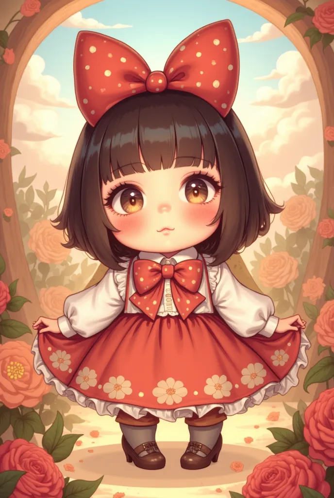 ,Cute little cartoon character with big eyes, plump body, big bows and red cheeks, dressed up ,