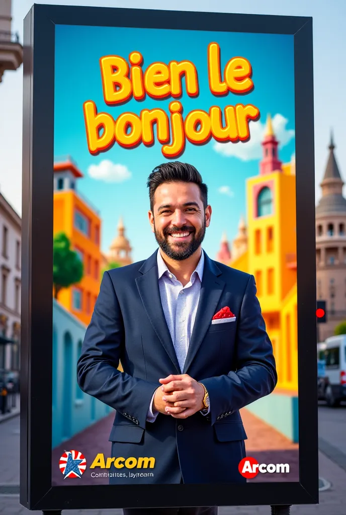 Faire un panneau publicitaire avec ecrit "Arcom ,bien le bonjour de Hanouna" 