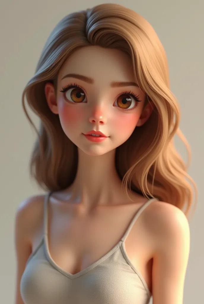 Make an animated woman charpter, blond-brown hair and realistic as you can, more realistic not like doll