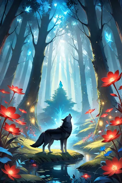 A serene depiction of Wulf within an Enchanted Forest, surrounded by Mystical Creatures and illuminated by Bioluminescent Flora, glowing softly in shades of blue and red