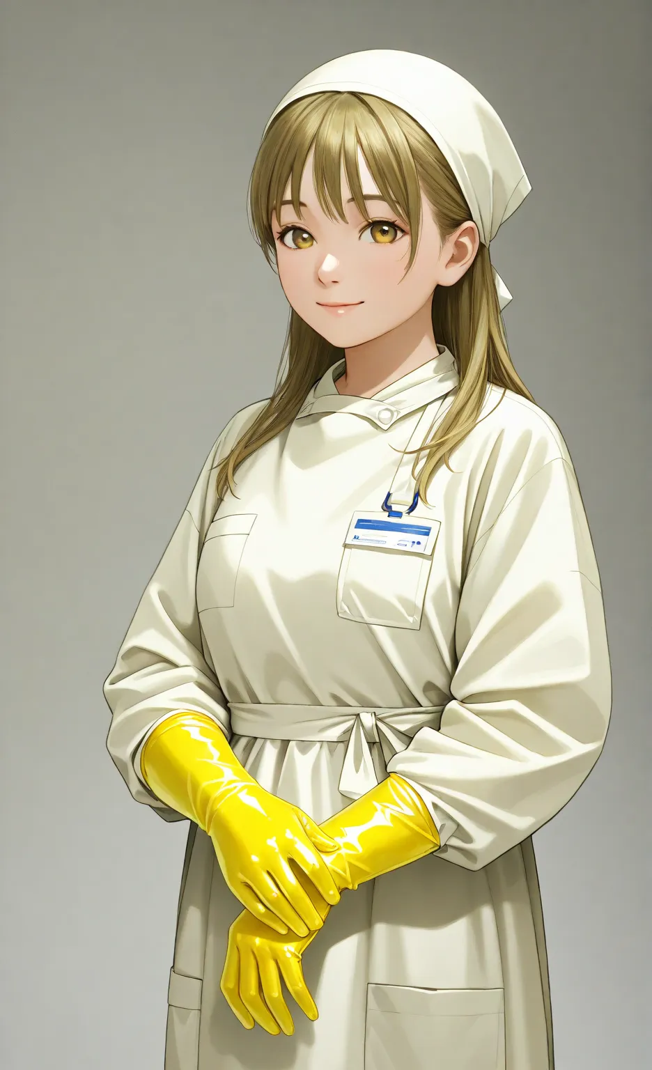 one girl, 25 years and under, smile, tea hair, バルーンカテーテルを手に持っている, ((surgical costume)), ((fitted sterile gloves)), ((light yellow latex gloves )), (Long Sleeve), alone, Realistic physique, high quality, professional pose, vivid color, Clean atmosphere