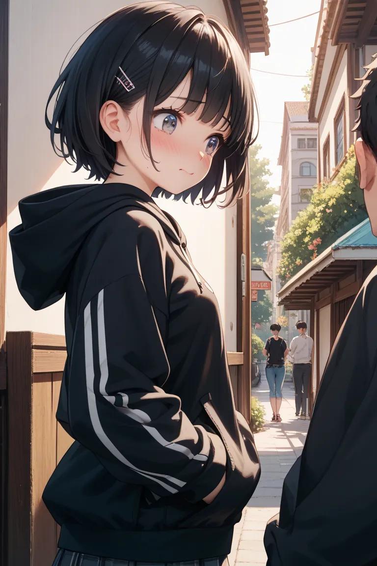 A cute anime-style girl with black hair, short hair, black hoodie, small breasts being picked up by a、Being picked up by a man and saying it back in embarrassment、Cute anime-style beautiful girl