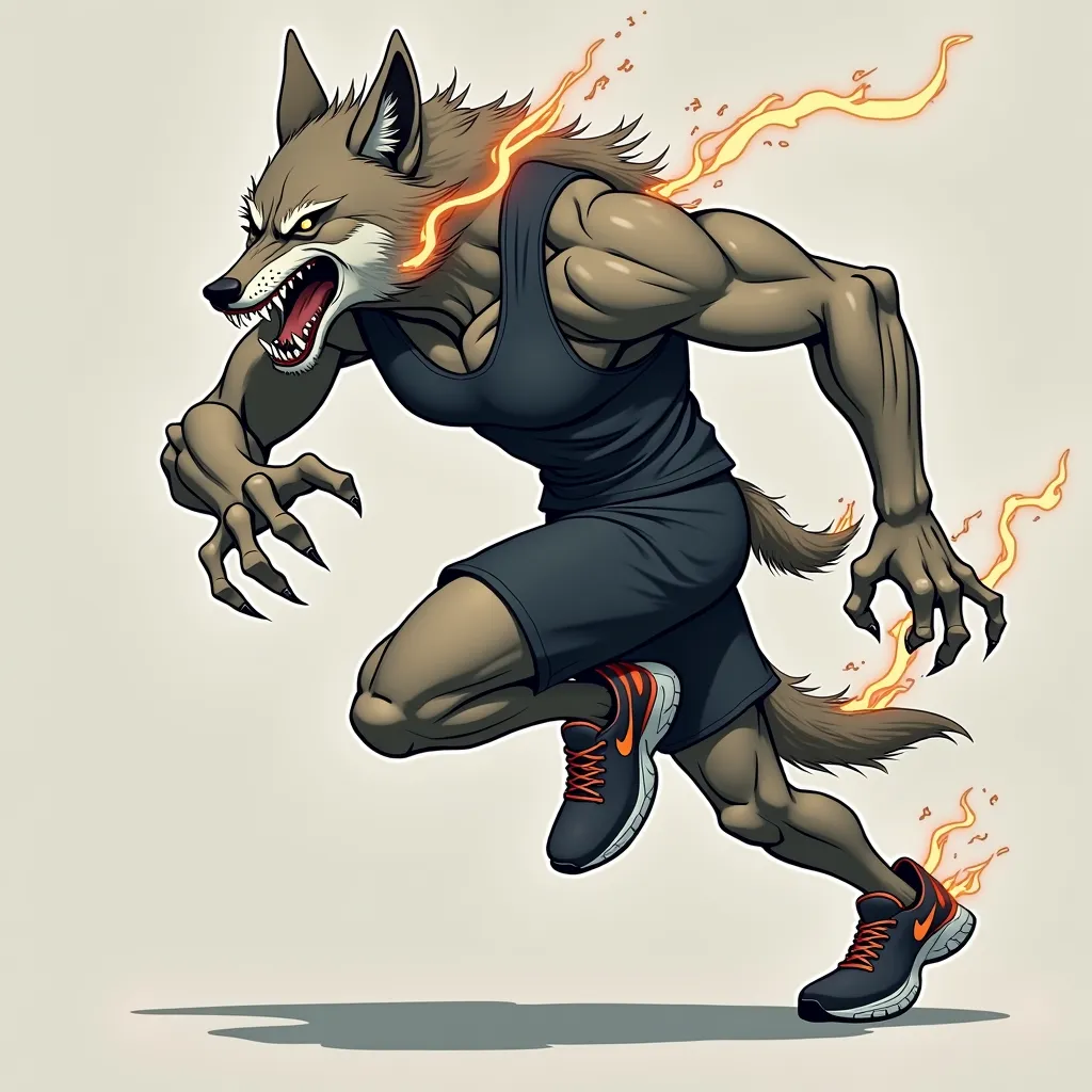 Running shoe on fire with the face of a wolf
