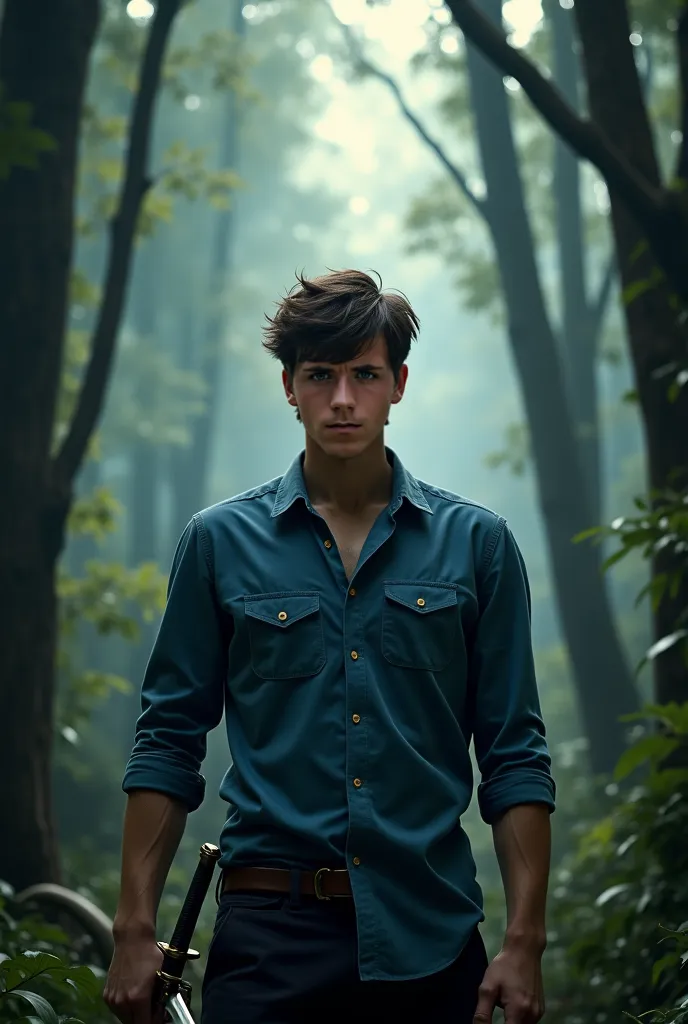 Create a realistic image of a 19-year-old young man, Messy black hair, blue dress shirt, holding a sword in a dark forest