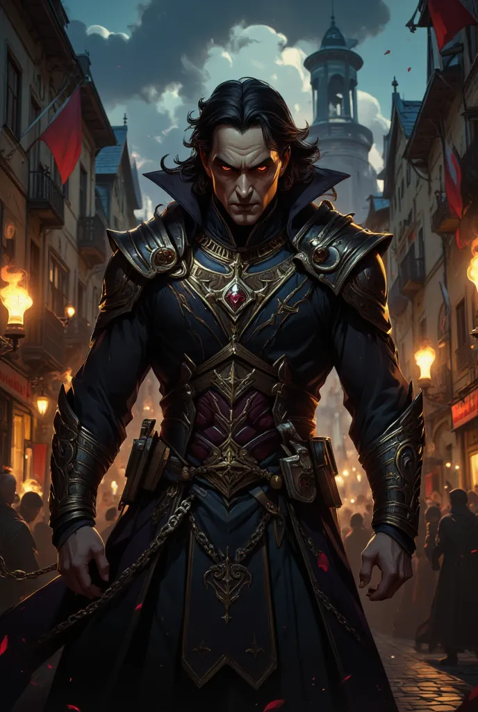 "Create an image of Valentin, a centuries-old vampire, standing in the town square, facing off against Kristof, with a fierce determination in his eyes. angry face revelry