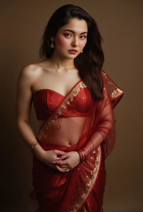 hania amir in satin maroon saree , 20 years old , waist high saree, white navel, mini blouse, cute face , big eyes , big eyeball , pretty face , 
Pretty face , half pose , hot body , big hugs breasts , white skin , red dress , Midjourney_Whisper