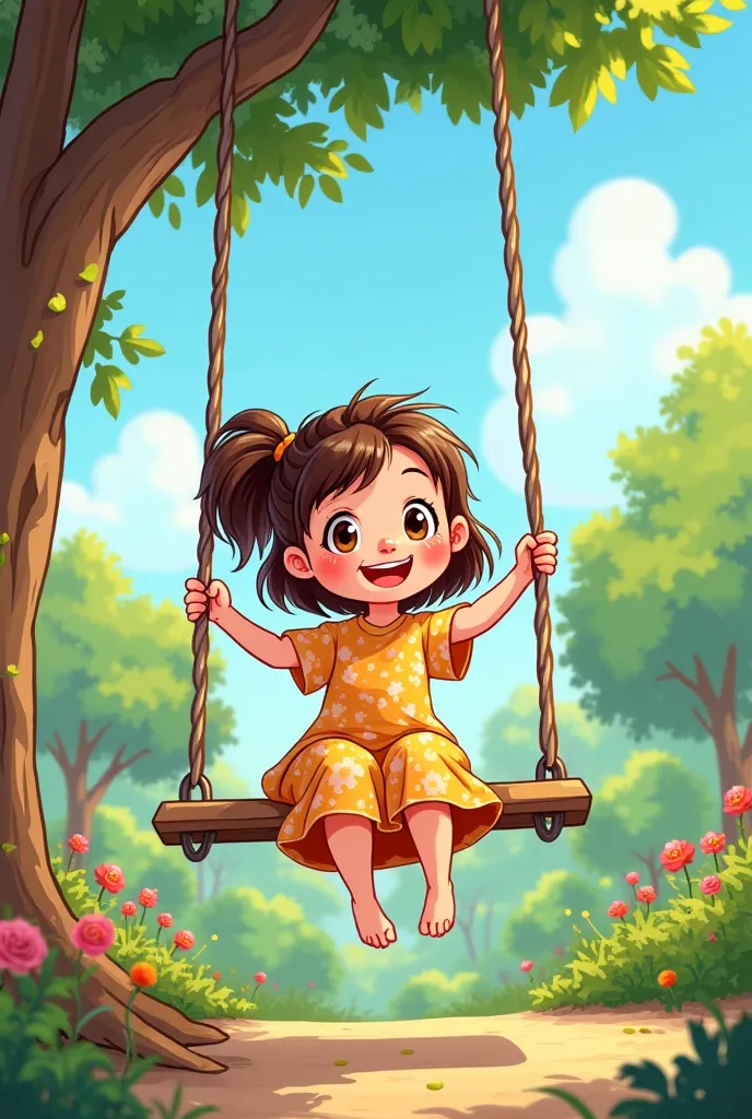 A cartoon girl sitting on a swing 