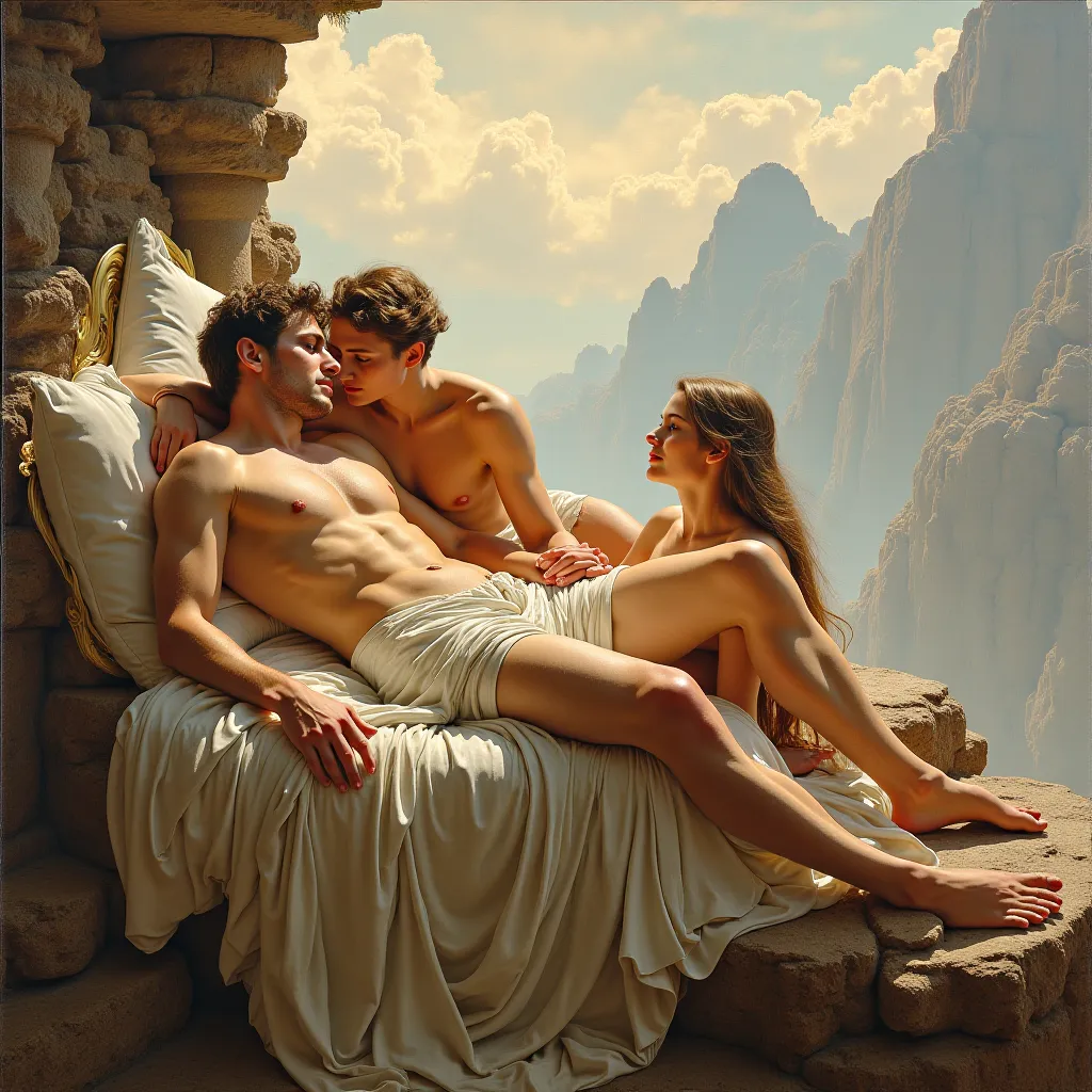 God Hermes, on Olympus, on a bed being caressed by two women in sensual poses