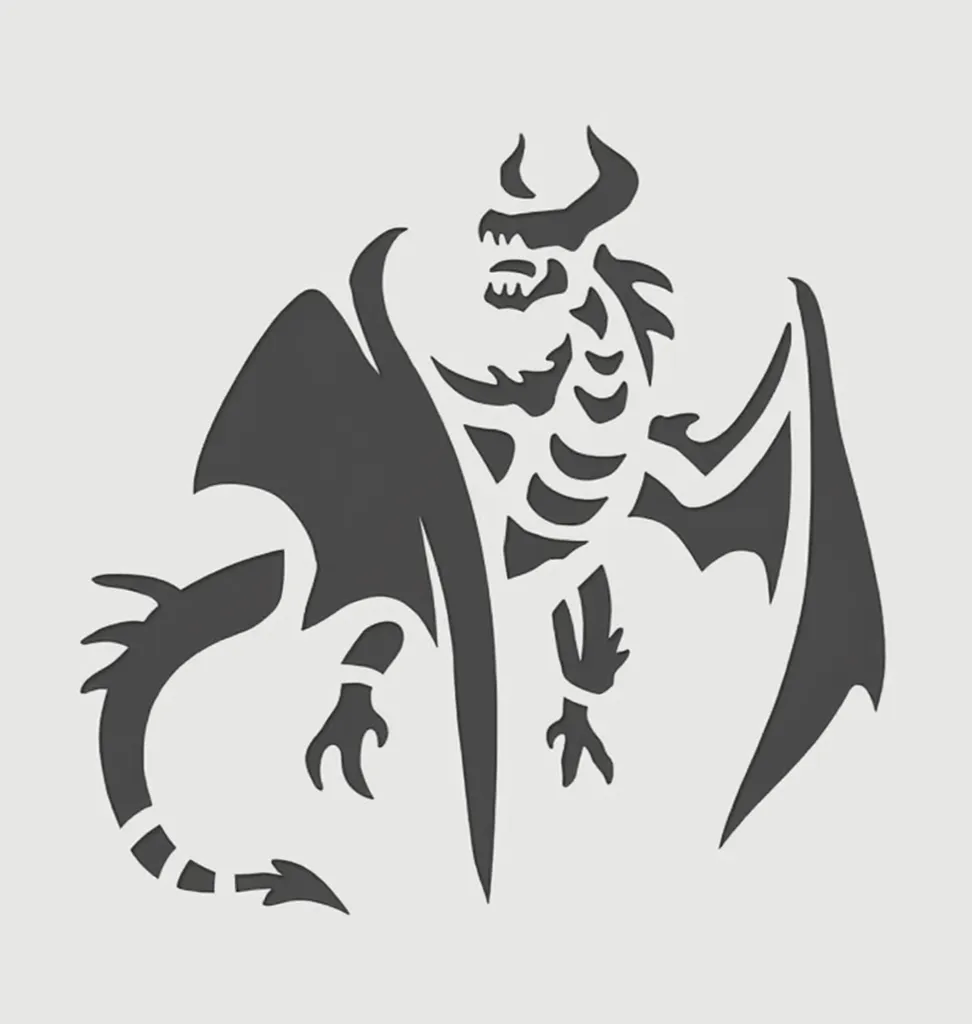 I need a dragon stencil with it's wings spread out. It needs to have thirty "holes" for me to cut out. The holes can't be too close together, nor can they be too small