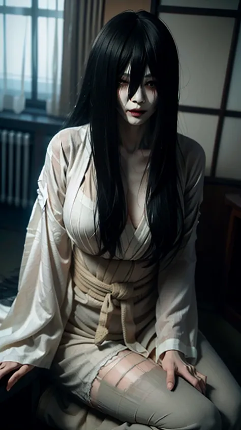 Alone, japanese ghost, sadako, high res,   masterpiece,  accurate,   top quality,  big breast, curvy body , spread legs, woman、4K、(( The background is in a Japanese-style room in the middle of the night)), Ghost、 (( white kimono)),(((((Hide your eyes with ...