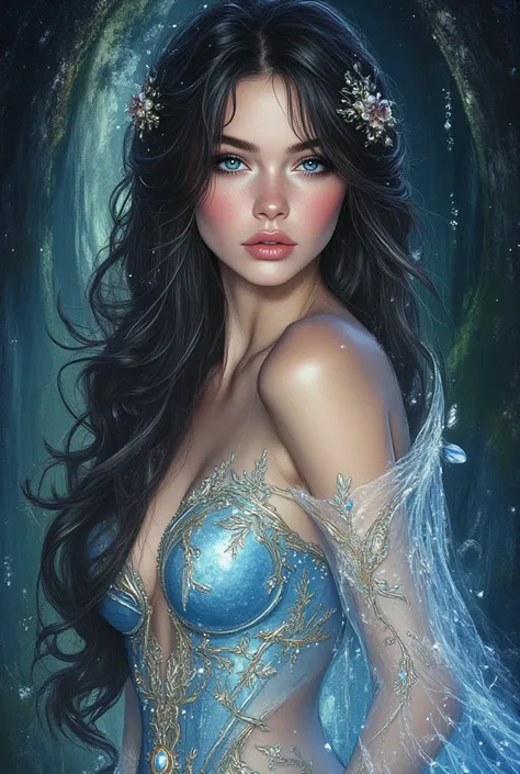 oil painting hyperrealistic fantasy, Beautiful 25-year-old Russian woman with Russian features, Very long and perfectly wavy jet black hair, sapphire blue eyes, shiny reddish lip gloss, white skin de porcelana como muñeca,  pink cheeks, A sky blue and turq...