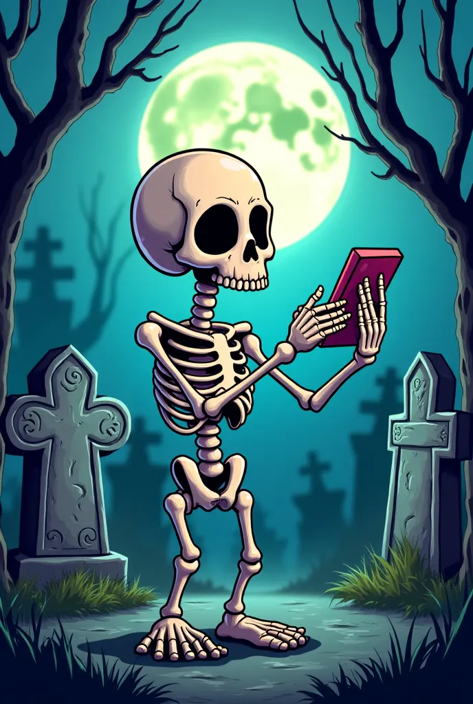 Cartoon drawing of a skeleton holding a phone and sitting in the middle of a graveyard