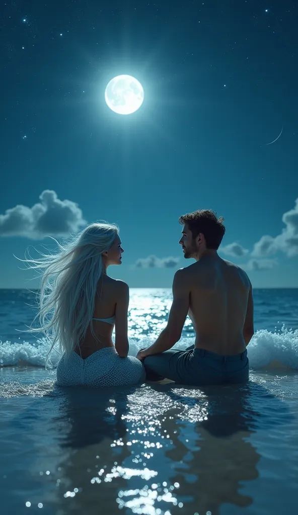 A white mermaid and young man sit on the edge of the beach under a blanket of stars, talking and laughing. The sea is calm, and the moonlight bathes them in a magical glow. Mermaid’s hair flows in the wind as she shares stories of her kingdom, and a young ...