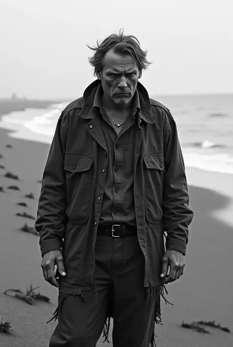 Black and white picture of an Failed man in a beach