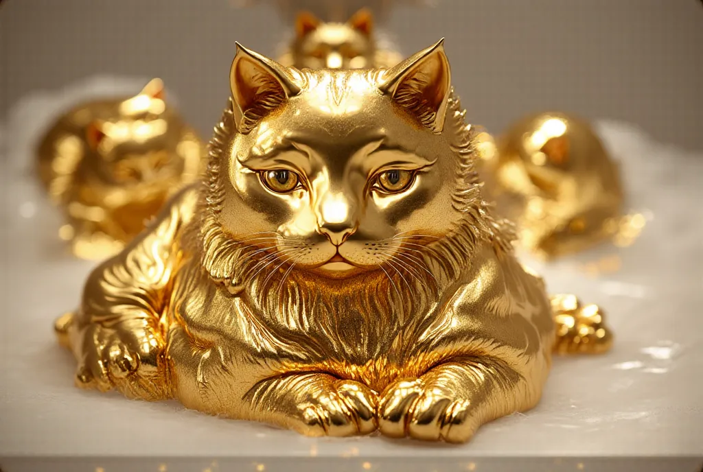  A cat made of gold lies on a white background