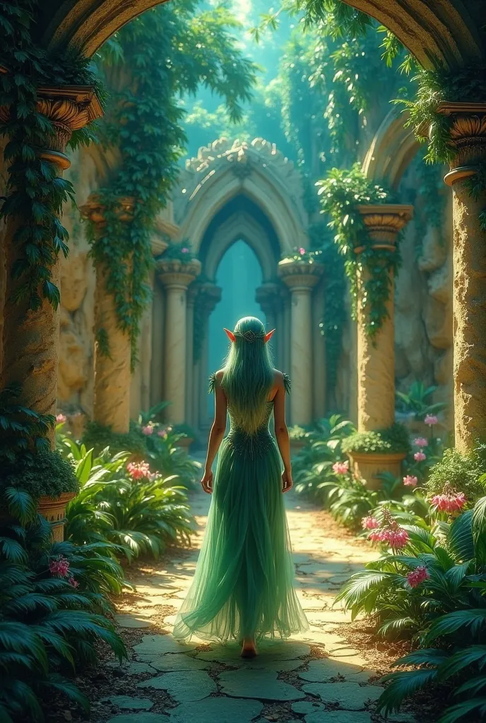 A beautiful nymph queen of the Obb Forest, Walking around the town beautiful garden with columns and elven arches illuminated by plants of incredible number of colors that emanate light from an incredible amount of colors, It is standing in front of the ro...