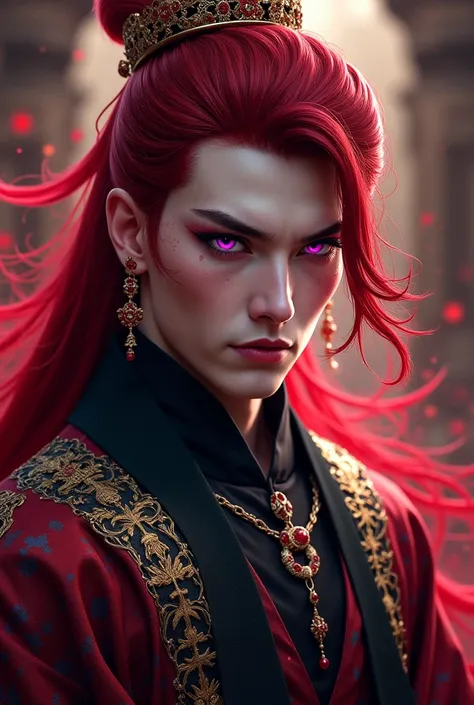 Dark red-haired man, dark purple eyes fair skin, Horsetail hair wearing emperor clothes