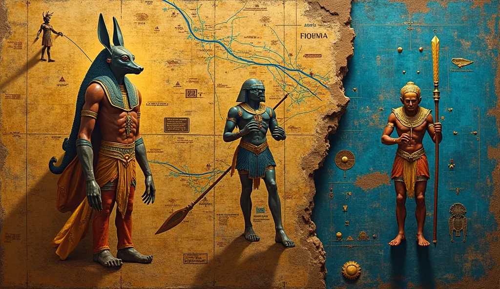 "Dynamic collage of mythological artifacts: (1) Egyptian hieroglyphs of Anubis with alien features, (2) Statues of Greek Titans with technological armor, (3) Cave paintings of Hindu Vimanas. Background: a timeline connecting all cultures to a central nave....