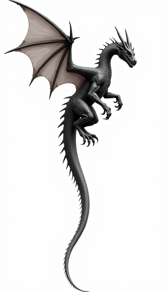 a classic dragon falling vertically, with a completely straight body seen from the side. Must be muscular , with pointed scales along the column, large horns on the head and well-defined claws. Its wings must be attached to the body by the wind, and its ta...