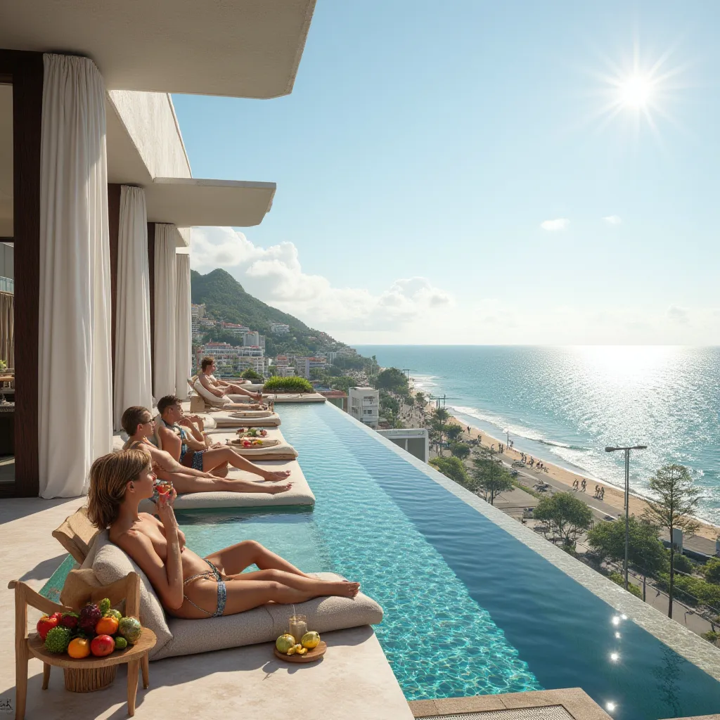 (masterpiece, photorealistic:1.4, extremely intricate:1.3, ultra resolution, hyper-realistic, 8K)
A rooftop infinity pool overlooking the ocean, with a few guests lounging on sunbeds. A fresh fruit platter sits on a glass table beside a coconut water bottl...