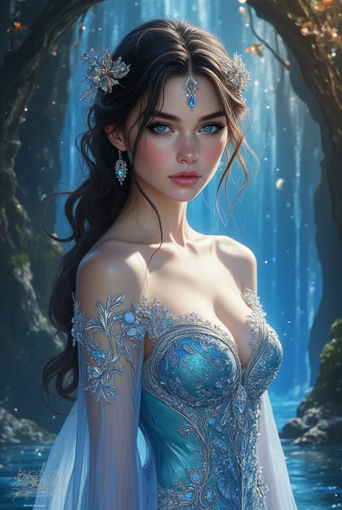 oil painting hyperrealistic fantasy, Beautiful 25-year-old Russian woman with Russian features, Very long and perfectly wavy jet black hair, sapphire blue eyes, shiny reddish lip gloss, white skin de porcelana como muñeca,  pink cheeks, A sky blue and turq...