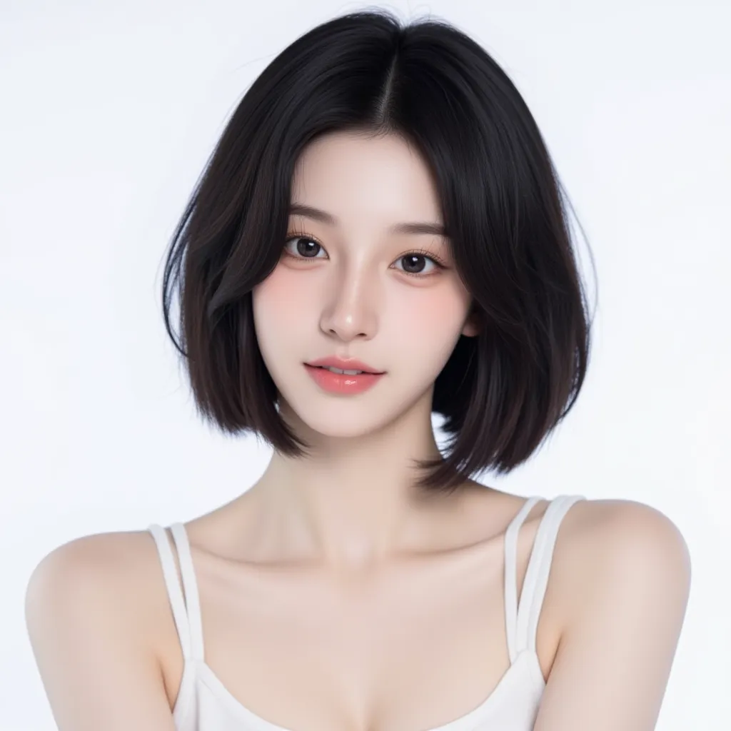 A kpop girl, korean, black hair, pretty hair, pretty smile, douyin makeup, gorgeous, stunning, lovely, basic, plain white background, trainee photo, white shirt (tank top)