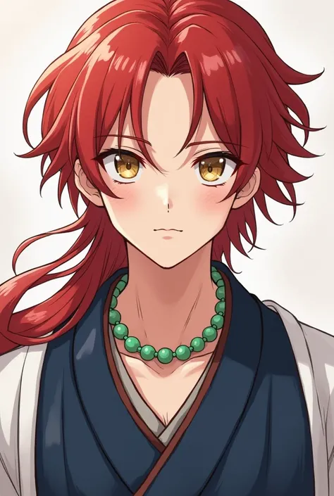 Create an image of an anime-style man similar to the Tensen, by Jigokuraku, and the red hair is shaped like the Rosa Odorata flower, wearing a navy blue and white Hanfu, with a green pearl necklace and the eyes are golden