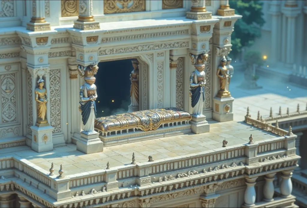 A breathtaking classical oil painting of an opulent South Indian palace balcony, bathed in the soft glow of moonlight. The intricately carved stone architecture is adorned with mythological motifs and golden statues, reflecting the ethereal silver-blue hue...