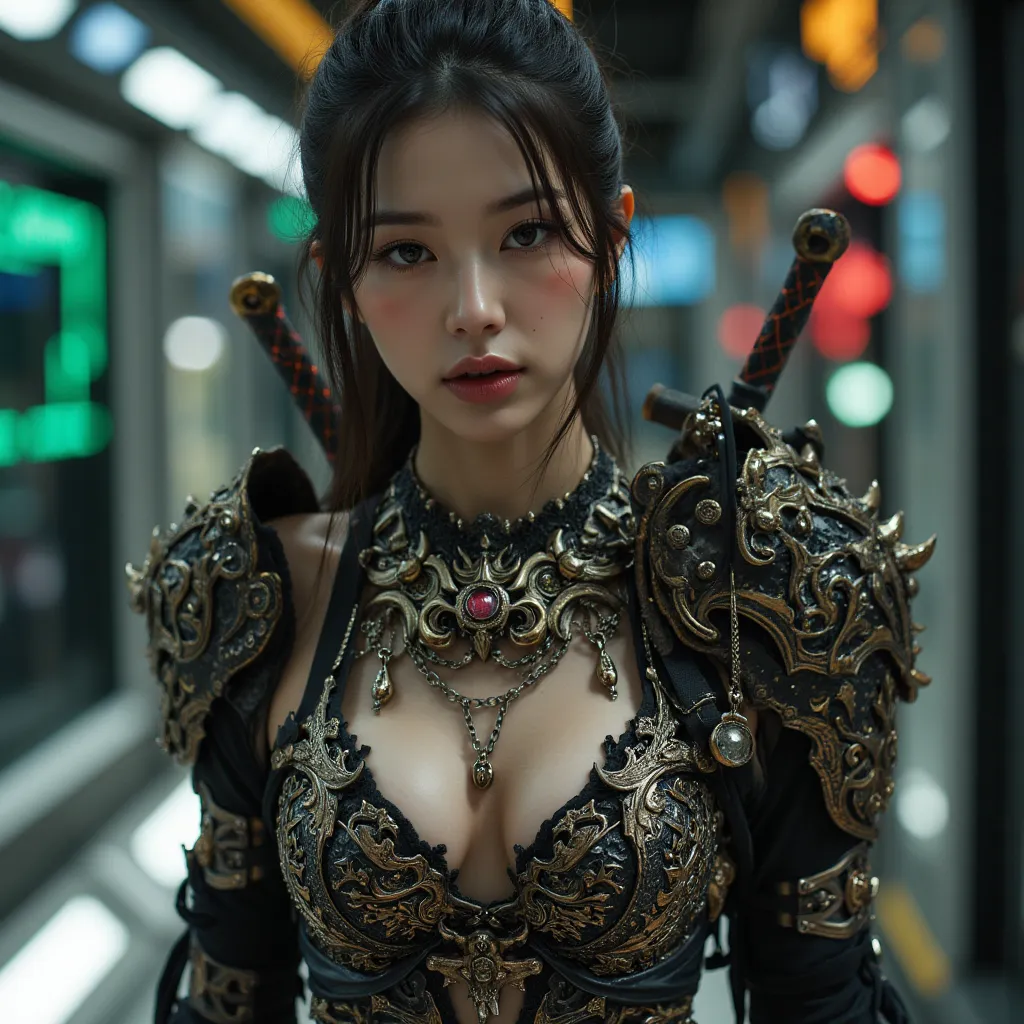 ((((looking at camera)))),(photorealistic, large-breast ),((white dragon:2.0)),a beautiful girl, ,she wearing side-tie_bikini, (large cleavage,Big tits), A fashion runway for alien technology ,Reveal full breasts,Big breasts, Cyberpunk fashion photography ...