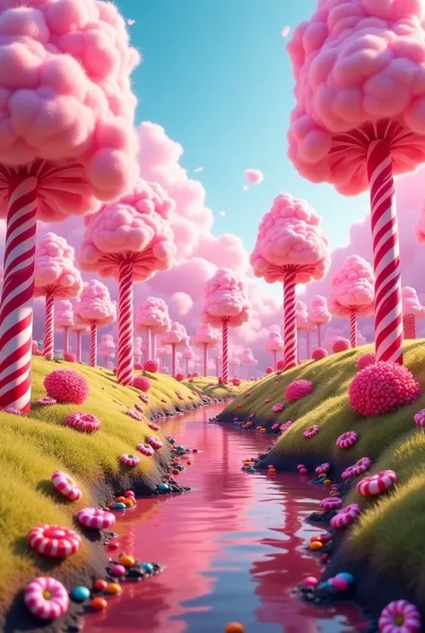 A whimsical candy forest with giant lollipop trees, chocolate rivers, and clouds of cotton candy. The ground is covered in jellybean pebbles.