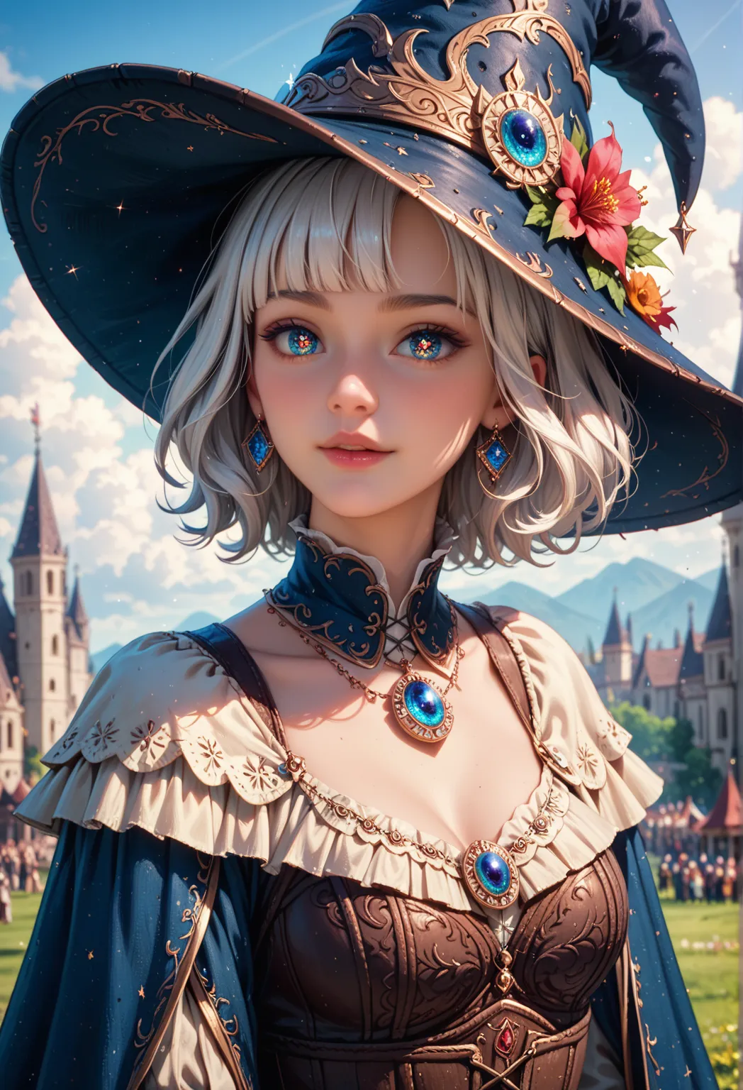 (masterpiece), (artwork), ( amazing job  ), (detailed eyes), (soft skin), ( Heterochromatic Eyes ), ( colored), (short white hair with fringe), (sparkling eyes), (1 )  In the witch hat , ancestral,  old, Wear flamboyant medieval clothing, masterpiece, best...