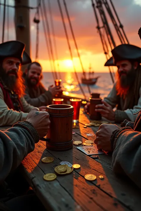 "First-person POV of a rugged pirate sitting at a weathered, splintered wooden table on the deck of a creaky pirate ship in the Caribbean, 1715 AD, during a breathtaking sunset with vibrant orange, red, and golden hues illuminating the sky and ocean, casti...