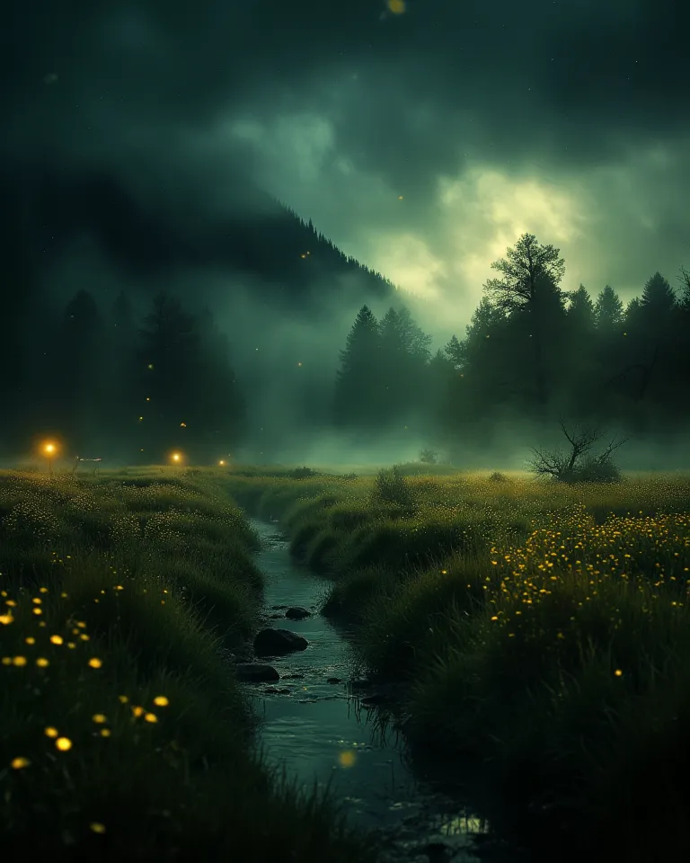 "A dreamy meadow at twilight, where thousands of glowing fireflies dance above a field of wildflowers. The soft golden light of the fireflies illuminates the darkening blue sky, creating an enchanting and surreal atmosphere. A narrow, winding river reflect...