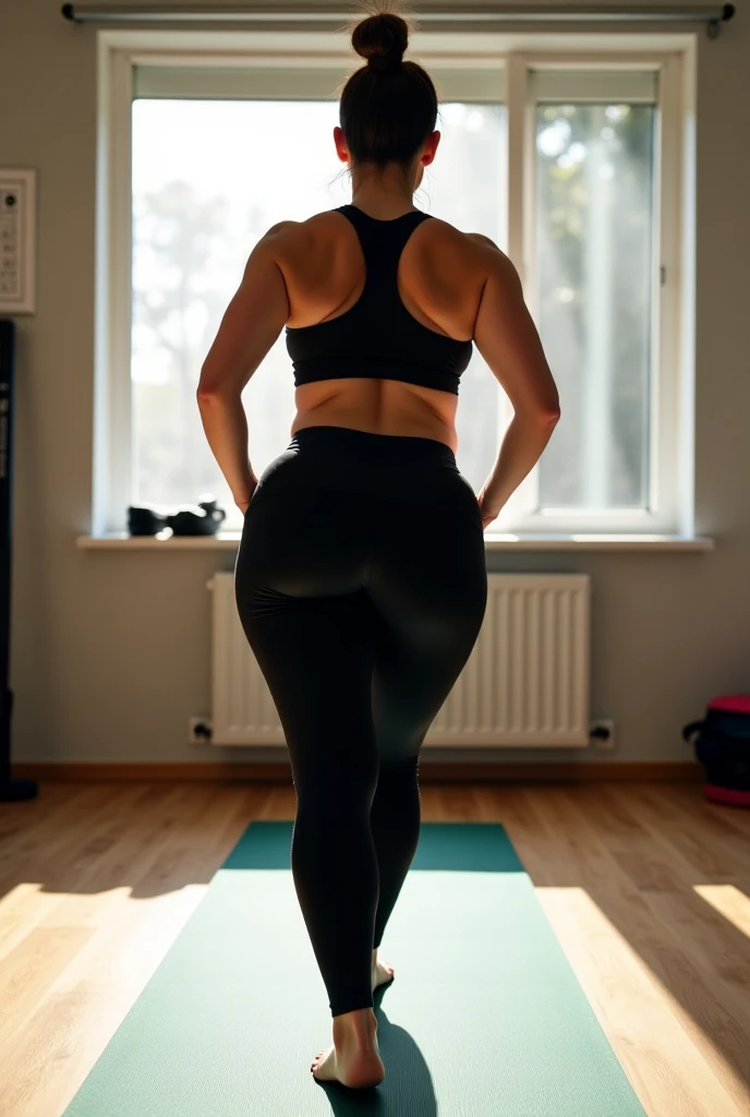 a fit woman in her 30s with voluptuous breasts , stands in a **side plank position** on a yoga mat in a sunlit home gym, her glutes and core visibly engaged. She wears **high-waisted black athletic leggings** and a cropped tank top, her posture emphasizing...