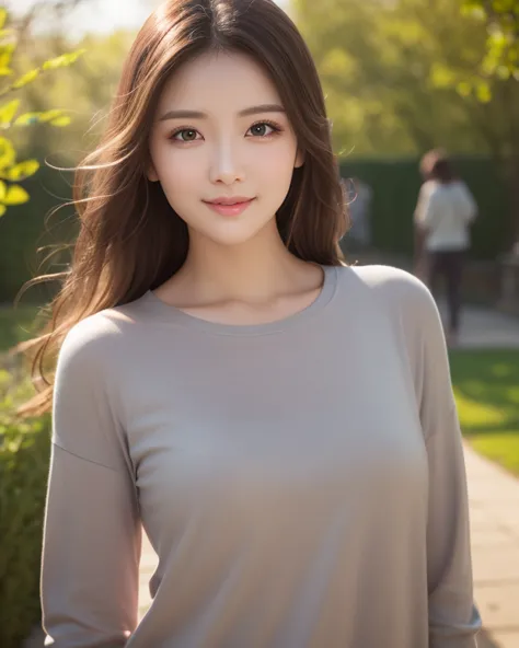 1 woman,Age 30、  Proof Photo、Hi-Res, looks at one woman, Best Quality, front、spring、Light grey clothes、 Long Tee、 close your mouth and smile, No accessories、semi-long hair, 