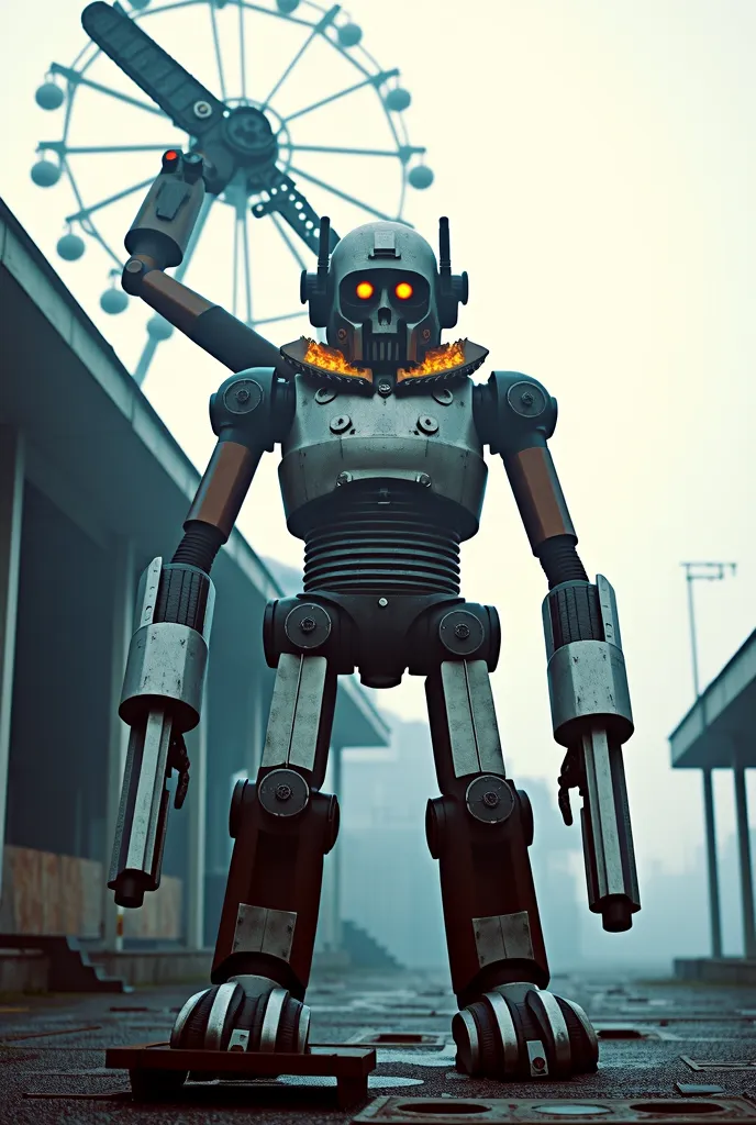 A master robot with 10 arms and 3 heads a chainsaw protruding from its forehead, and fiery eyes,  in the abandoned Amusement park , nuclear man robot one eyes , and style movies 1990 , and photo dimensions : 1079×1920px .