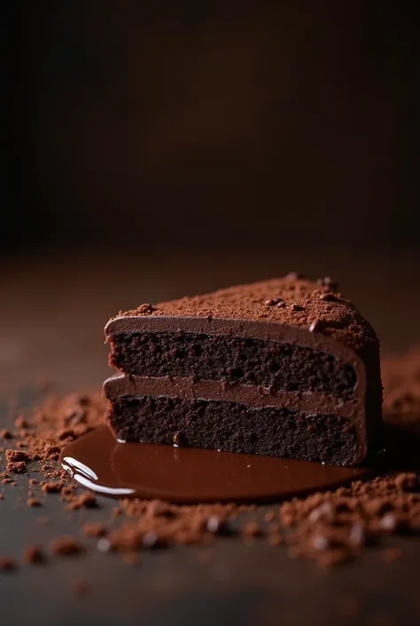 Chocolate Cinematic Frame, chocolate cake,  dark background,  quality photo, wet texture, glazed,  studio photo, slice, shallow depth of field, vignette, Very detailed, high budget, bokeh,  cinemascope,  melancholic cartoon, epic, granulate, film grain, gr...