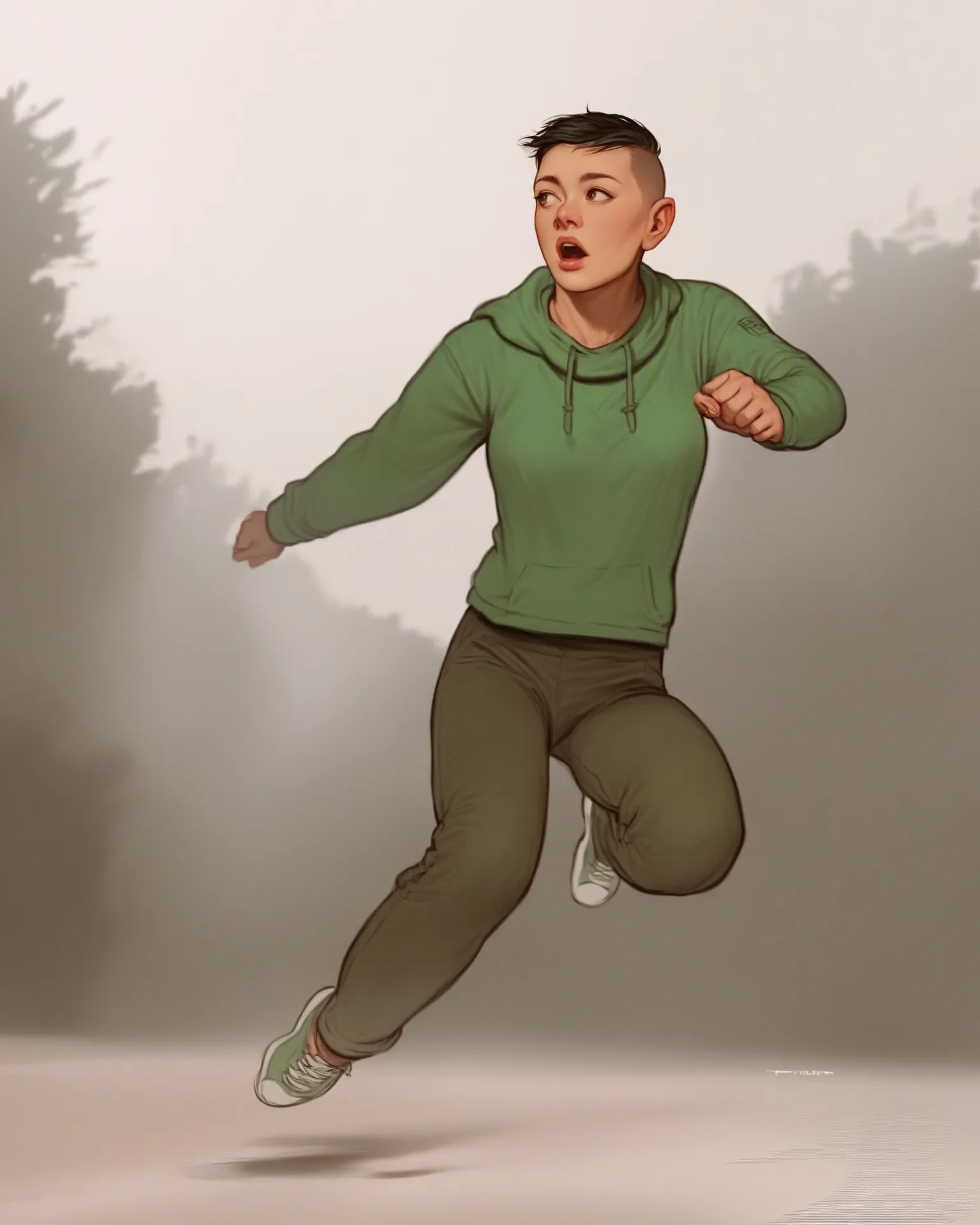 She,  green sweatshirt ,  pants, collect cut,  breasts,   source  _cartoon,  running, out, shrill