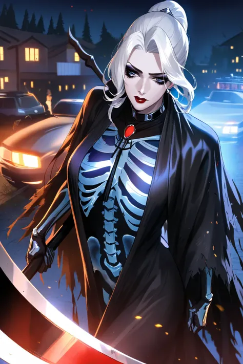 A gorgeous lady death (sexy woman, pale, pale hair, semi translucent body, skeleton visible through body, tattered black robe, large scythe), a resigned look on her face, she approaches a car wreck in a suburban neighborhood, night time