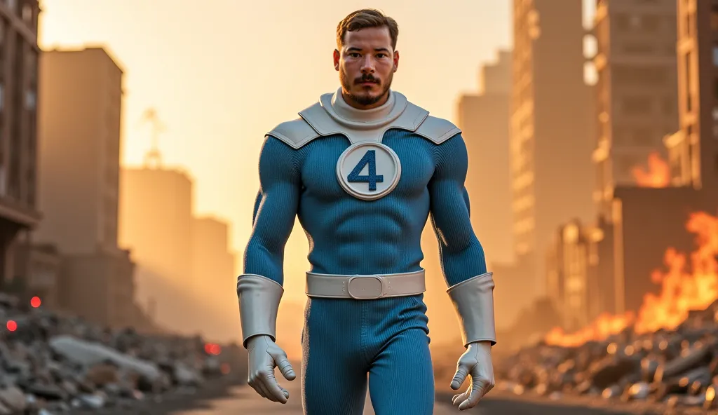 Realistic and cinematic image. Ben (The Thing) character Stone man from fantastic four. Wearing a light blue suit costume with vertical lines textured made of knitted fabric, there is white covering the entire shoulder to the neck, white gloves, white belt...